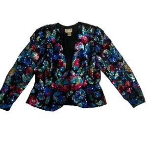 Vtg Black Tie Womens Silk Sequin Beaded Jacket Size M Cropped Colorful 80s